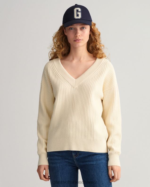 Frauen Gerippter Pullover aus Baumwolle mit V-Ausschnitt 0LP6X659 GANT Creme