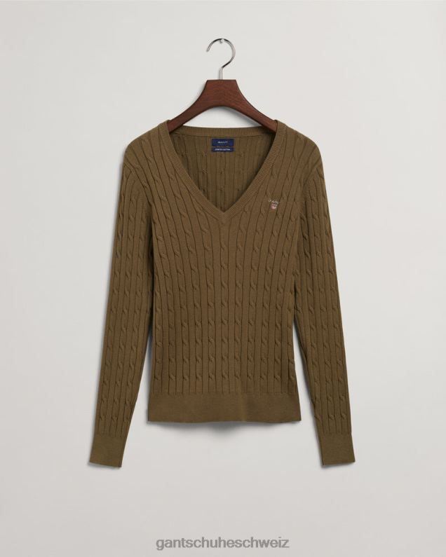 Frauen Pullover mit Zopfmuster und V-Ausschnitt aus Stretch-Baumwolle 0LP6X683 GANT jägergrün