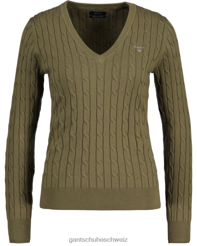 Frauen Pullover mit Zopfmuster und V-Ausschnitt aus Stretch-Baumwolle 0LP6X683 GANT jägergrün