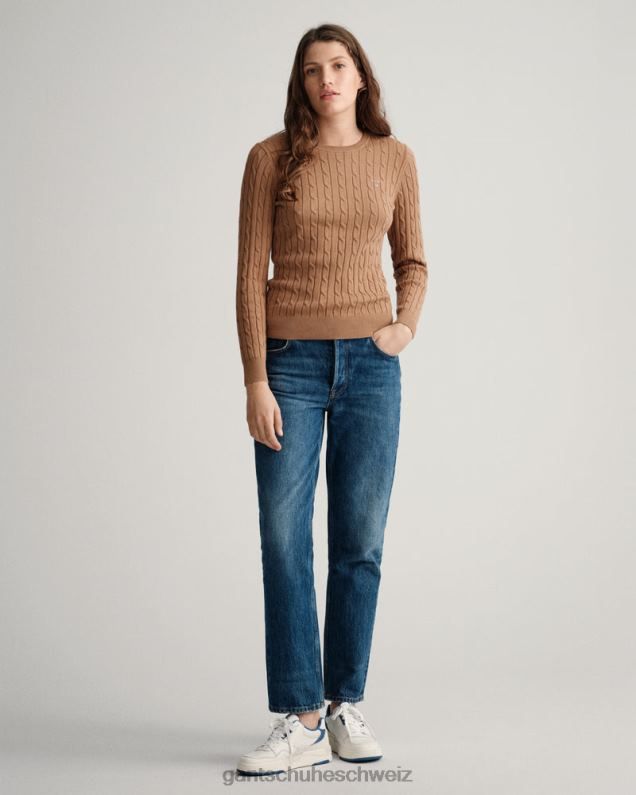 Frauen Rundhalspullover aus Stretch-Baumwolle mit Zopfmuster 0LP6X686 GANT geröstete Walnuss