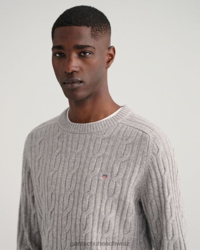 Männer Pullover mit Rundhalsausschnitt aus Lammwolle mit Zopfmuster 0LP6X320 GANT graue Melange