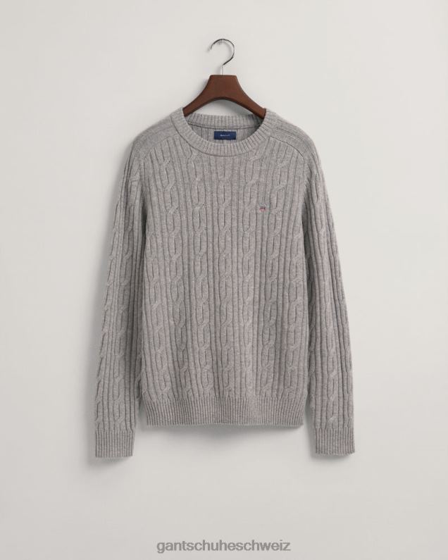 Männer Pullover mit Rundhalsausschnitt aus Lammwolle mit Zopfmuster 0LP6X320 GANT graue Melange