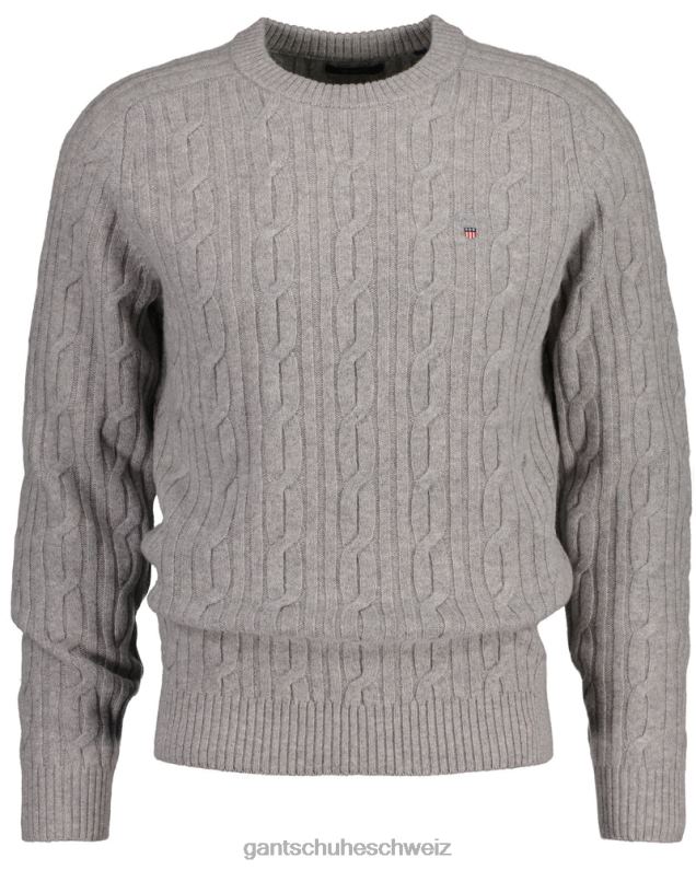 Männer Pullover mit Rundhalsausschnitt aus Lammwolle mit Zopfmuster 0LP6X320 GANT graue Melange